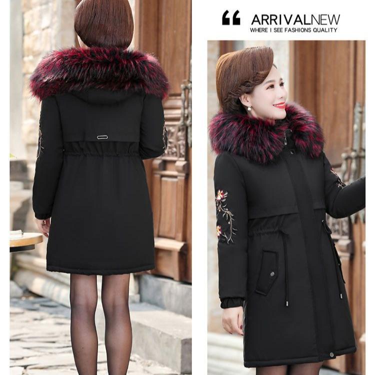 Women's Winter Fleece Padded Jacket Thick Warm Mid-Length Embroidered Hooded Padded Coat