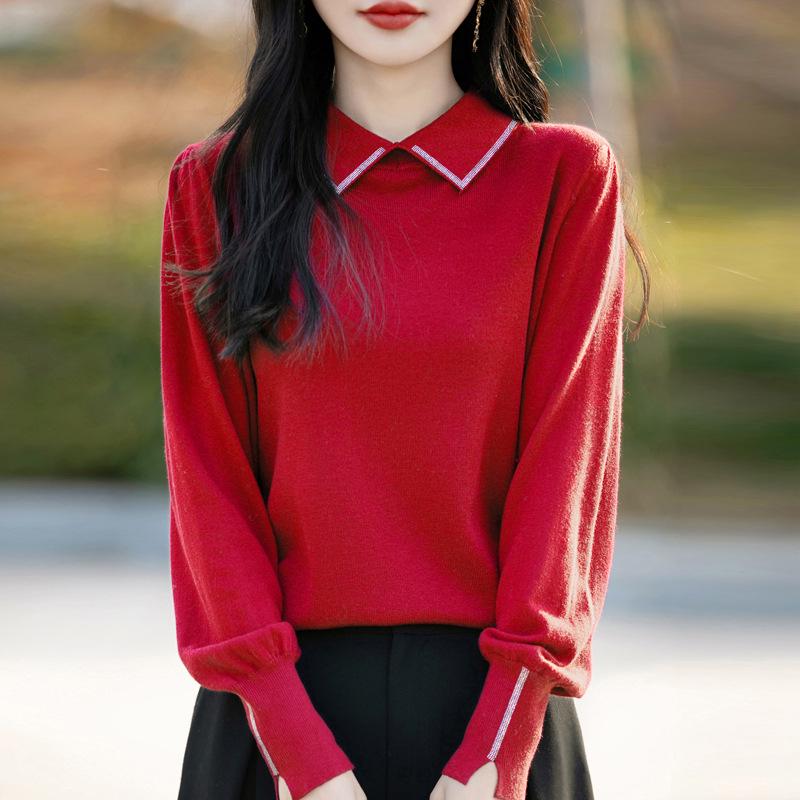 Plus Size Slimming Merino Wool Sweater with Turn-Down Collar and Rhinestone Sleeve Details