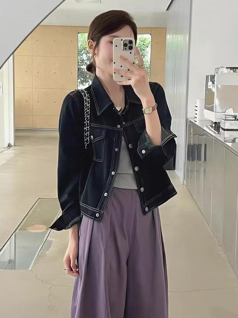2025 Women's Korean Style Retro Denim Jacket – Spring Collection, Versatile Short Design, Long Sleeve Top