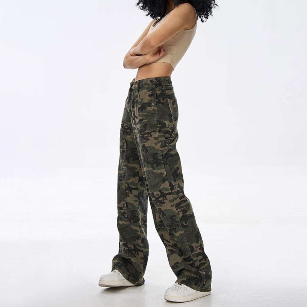 American Camouflage Tooling Jeans Women's High-waisted Hiphop Hip-hop Sweet and Spicy Wide-leg Casual Straight Jeans