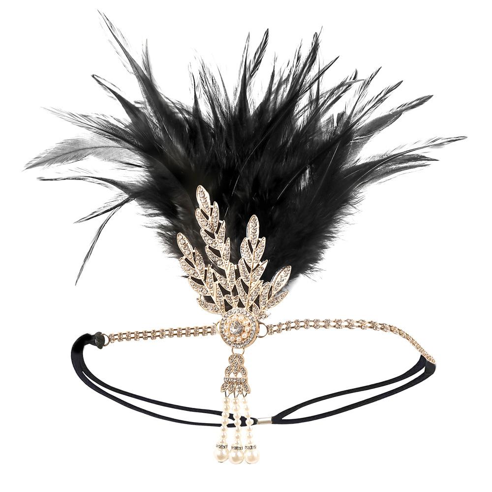 Women Vintage Feather Headband Black Rhinestone Beaded Sequin Hair Band Vintage Headpiece Flapper Feather Headdress