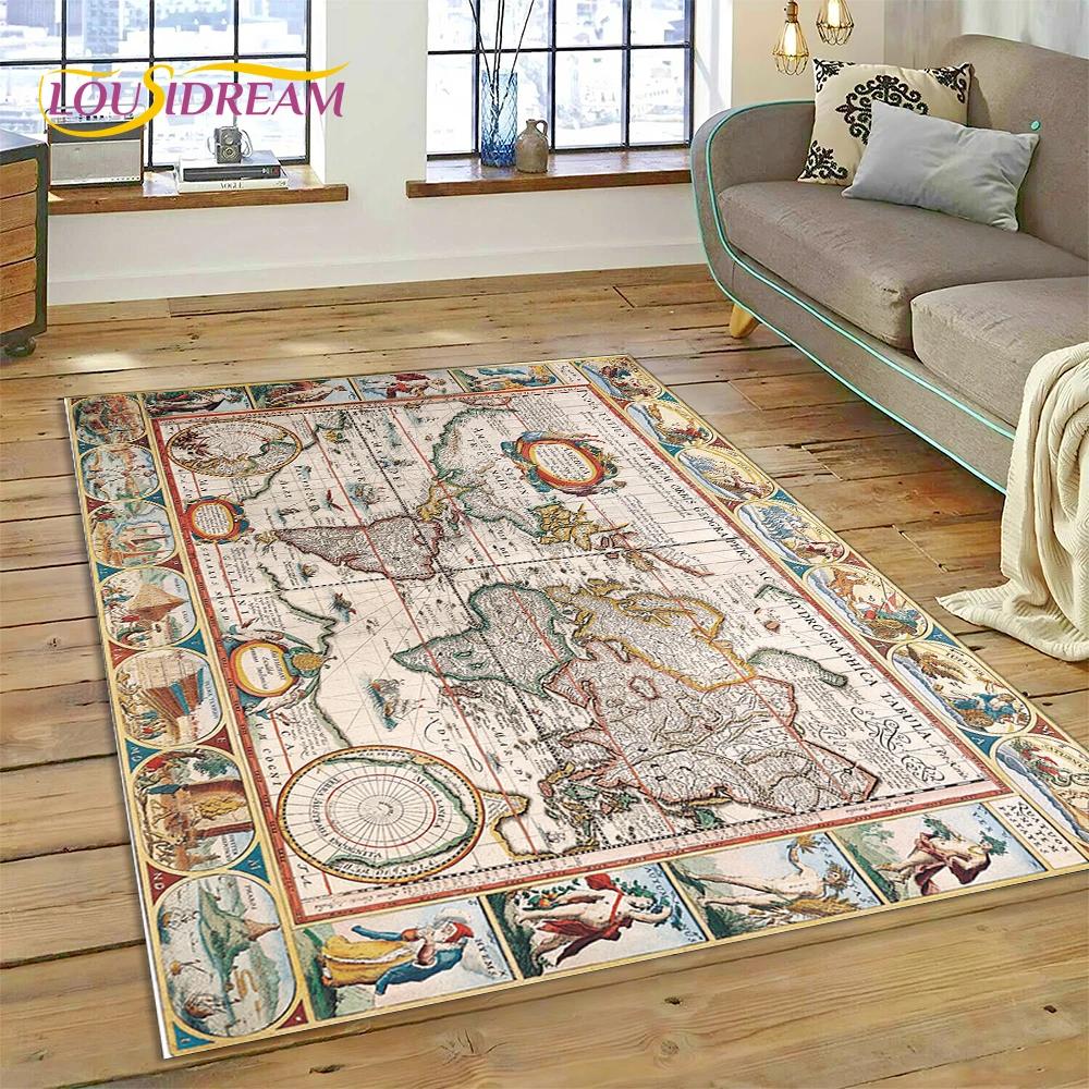 3D Ancient Nautical Chart World Map Compass Carpet Rug for Bedroom Living Room Sofa Decoration,Child Game Large Decor Floor Mat