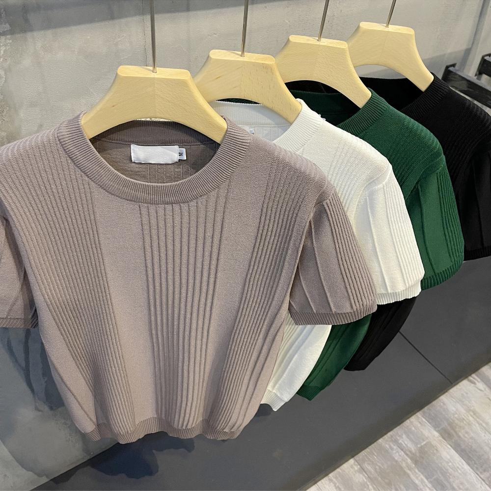 Herren Strick T-Shirt Kurzarm Schwergewicht Sommer Slim Fit Lässig Gestreiftes T-Shirt Strickwaren Ärmel Koreanischer Trend Hochelastisch