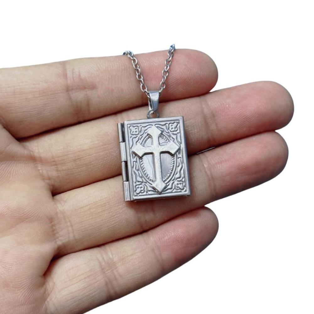 Retro Gothic Blood-red Rose Black Cross Relief Book-shaped Pendant Necklace for Women Men Halloween Stainless Steel Jewelry Gift