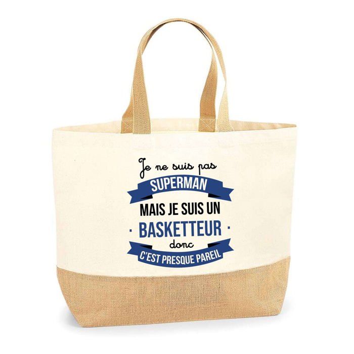 Sac en jute (tote bag) - PLANETEE - Basketteur Superman - Multicolore - Jute naturel - Fabriqué en France