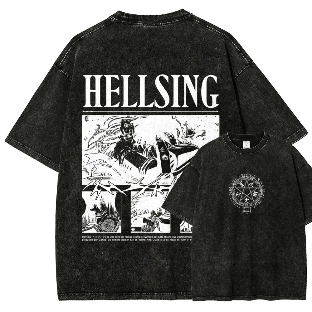 Alucard Hellsing Anime Clothing Men Women Oversized T-shirts Short Sleeve Washed T Shirt Vintage Cotton Tshirt Harajuku Tops