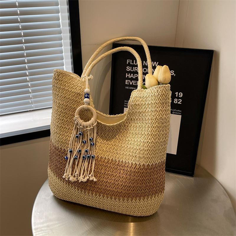 Плетеная соломенная сумка-тоут для женщин Богемная соломенная сумка Женская летняя новая Плетеная наплечная сумка-тоут большой вместимости Пляжная сумка для отпуска на море бежевый
