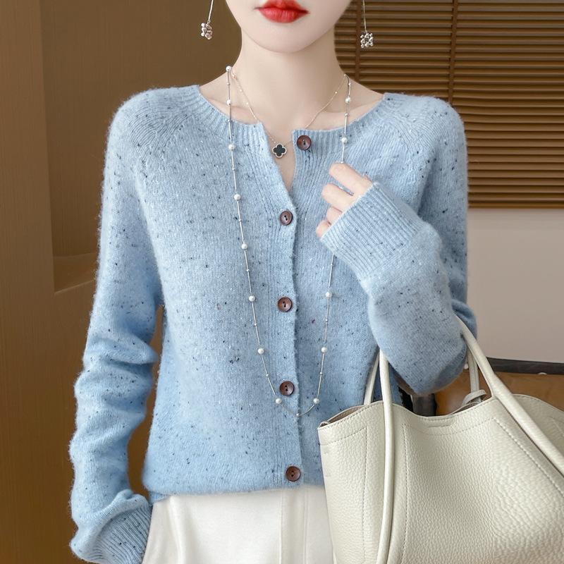 Spring and Autumn's New Wool Cardigan Women's Round-neck Sweater Coat