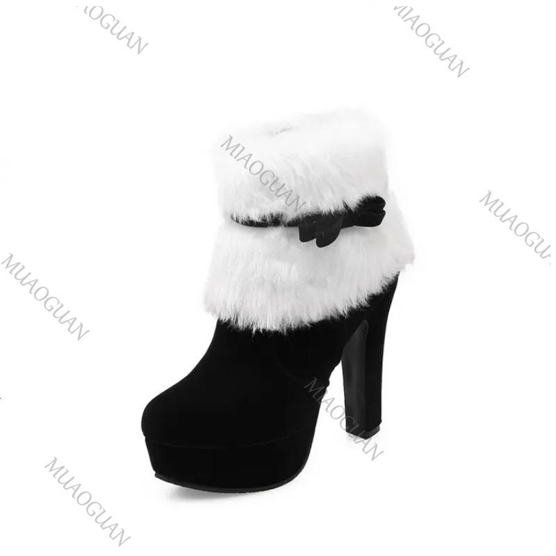 Fashion 2025 Winter New Women Fur Boots Waterproof Platform High Heel Thick Cotton Boots Bow Decorative Comfortable Christmas Red Botas