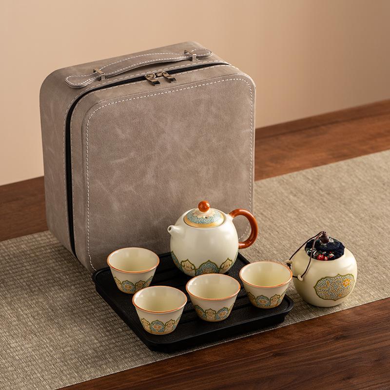 Retro high-grade Ru kiln ceramic teapot, Kung Fu tea set, teacup, tea tray, light luxury household tea making set, high-end gifts