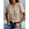 Dámská bílá halenka s volánkovým lemem, krátkým rukávem, kulatým výstřihem, elegantní, do práce, do kanceláře, ležérní top s knoflíkovým detailem