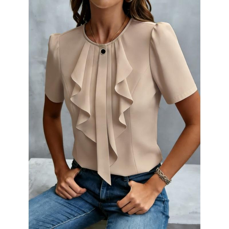 Dámská bílá halenka s volánkovým lemem, krátkým rukávem, kulatým výstřihem, elegantní, do práce, do kanceláře, ležérní top s knoflíkovým detailem
