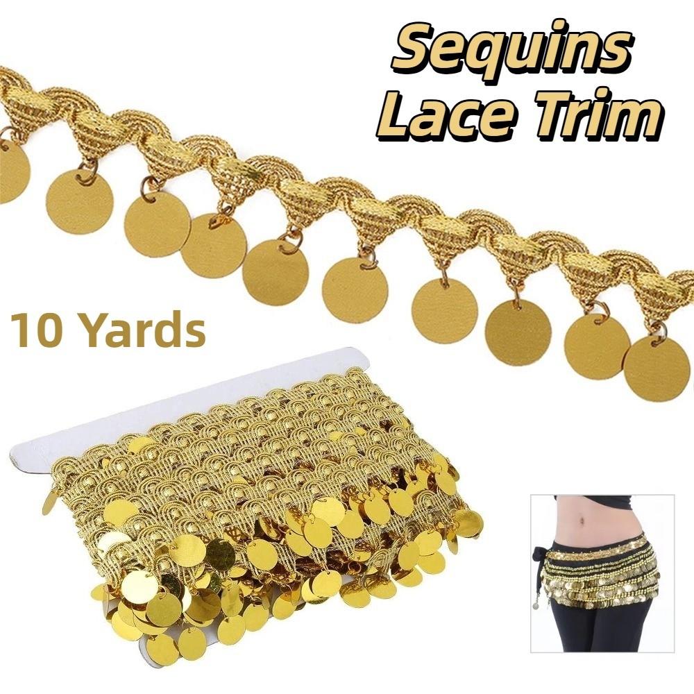 Shiny Tassel Belly Dance Waist Chain Golden Pendant Sequins Lace Trim  Stage Costume