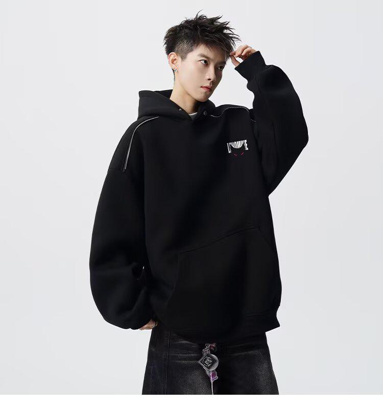 Men's Autumn Black Demon Cat Print Heavyweight Loose Fit Hoodie
