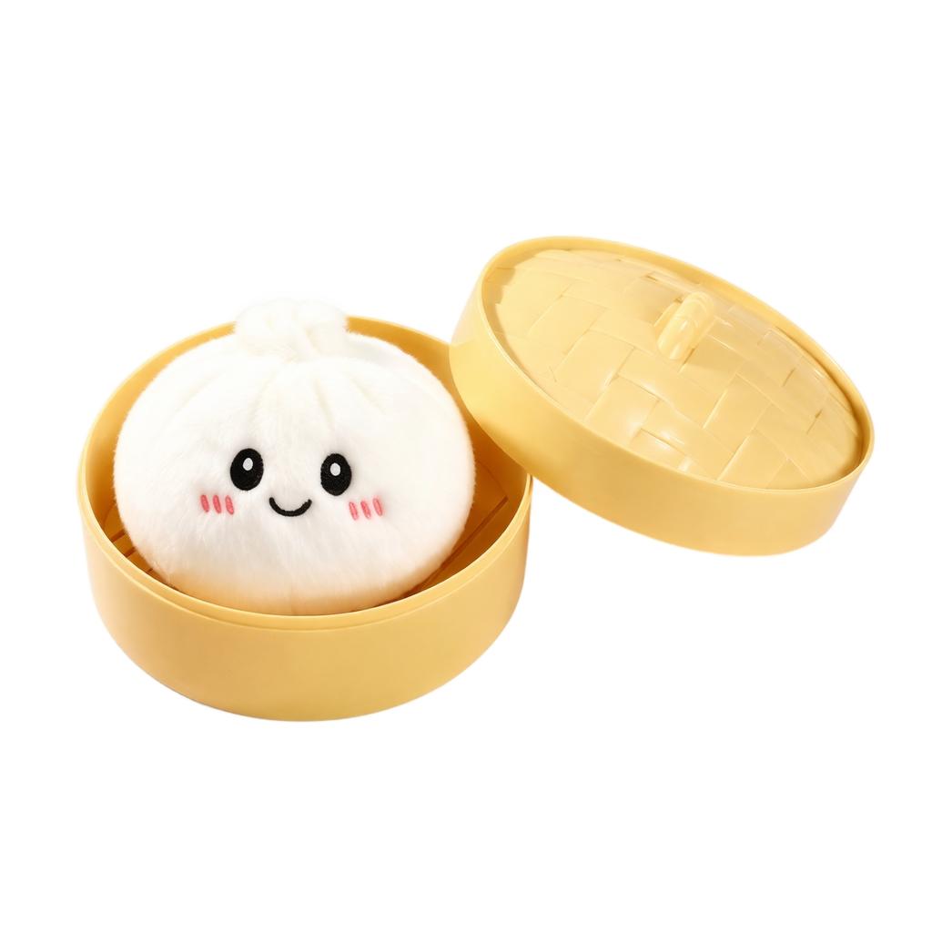 Plush Steamed Bun Keychain with Steamer Basket, Cute Soft Doll Toy for Bags and Keys