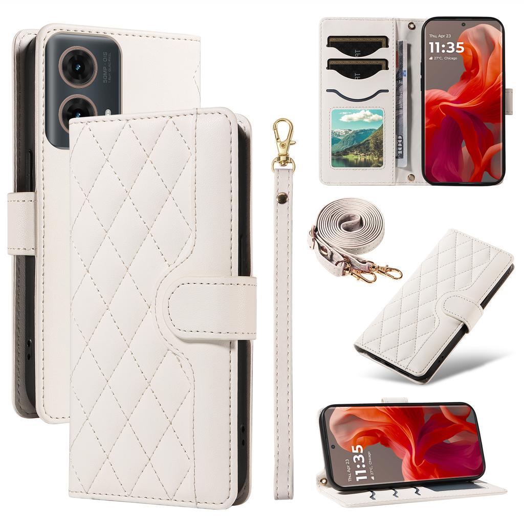 For Motorola Moto G85 5G/ S50 Neo 5G Case Wallet Rhombus Leather Phone Cover with Shoulder Strap,Wrist Strap
