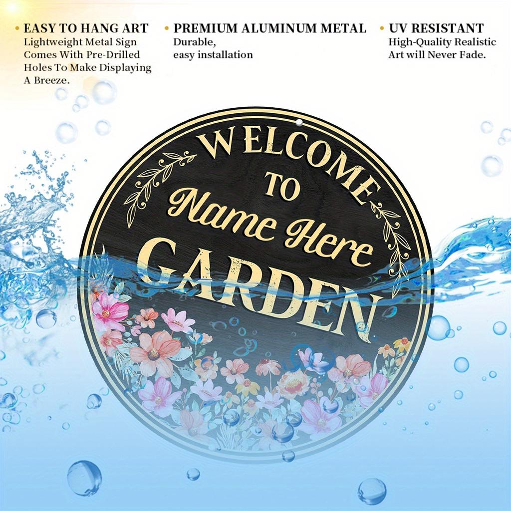 Customizable Name Text Flower Garden Round Aluminum Sign 8x8 Inch Rustic Outdoor Plaque