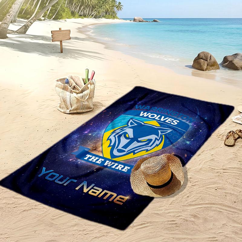 Warrington Wolves FC Personalized Printed Beach Towel Soccer Logo Support Custom Name Text Absorbent Towel For Sport Travel Special Gift