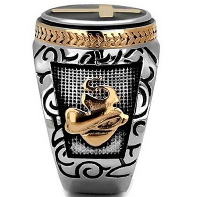 Anello Vintage Bicolore da Uomo Placcato Oro Anello Croce Mano di Dio Preghiera