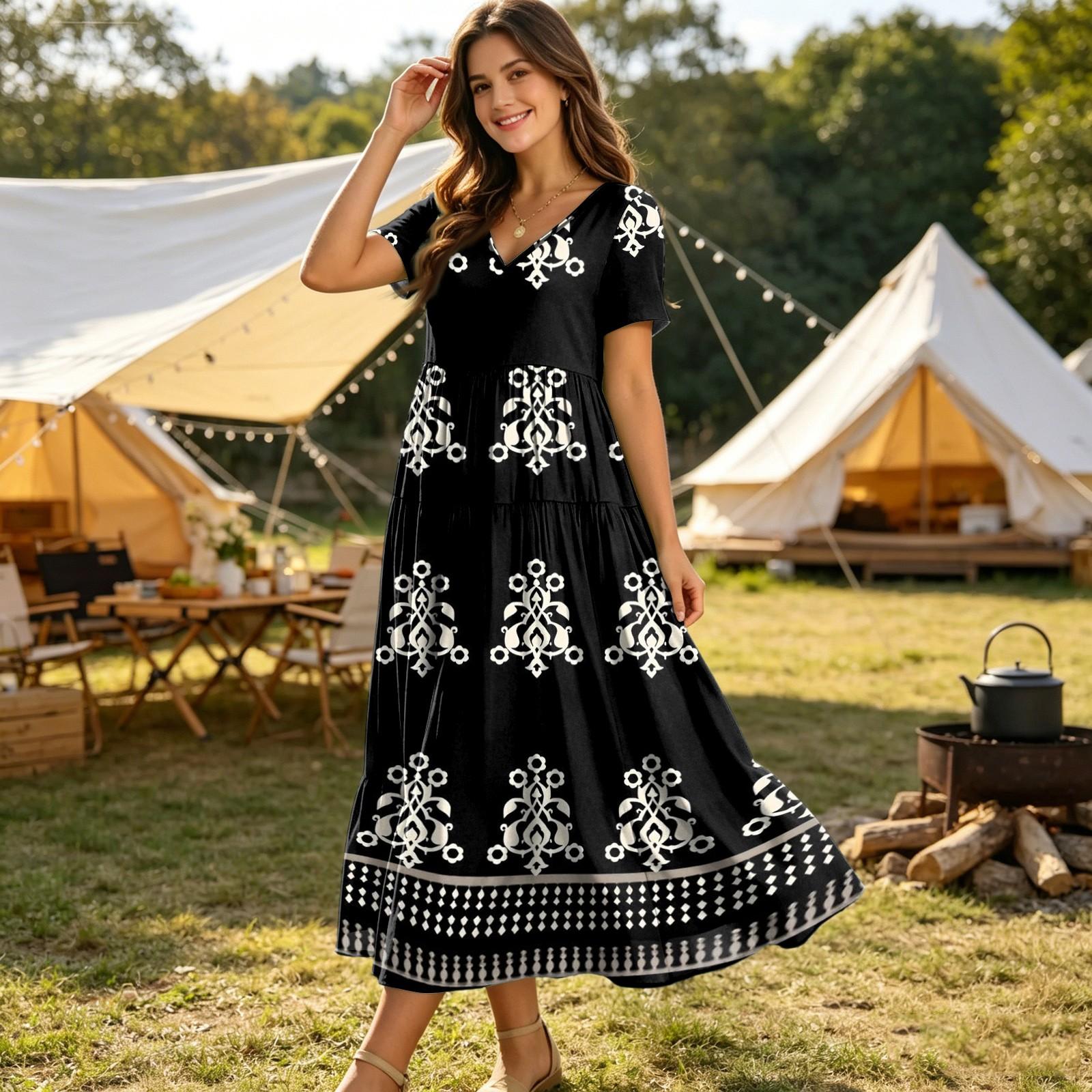 Women s Bohemian Gradient Print Short Sleeve V-Neck Loose Fit Dress for Summer Casual Wear L чёрный