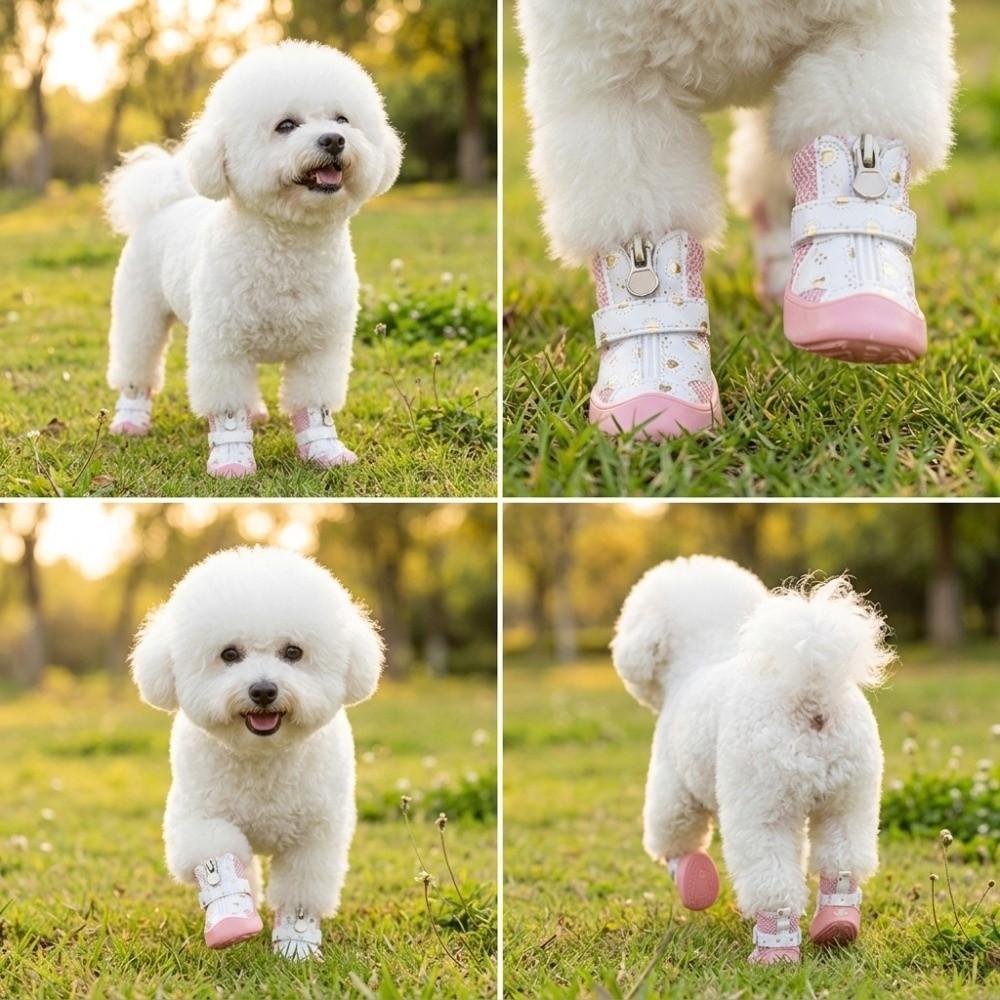 4Pcs Anti-Slip Sole Mesh Dog Shoes Golden Mesh Anti-Slip Dog Booties Outdoor Walking