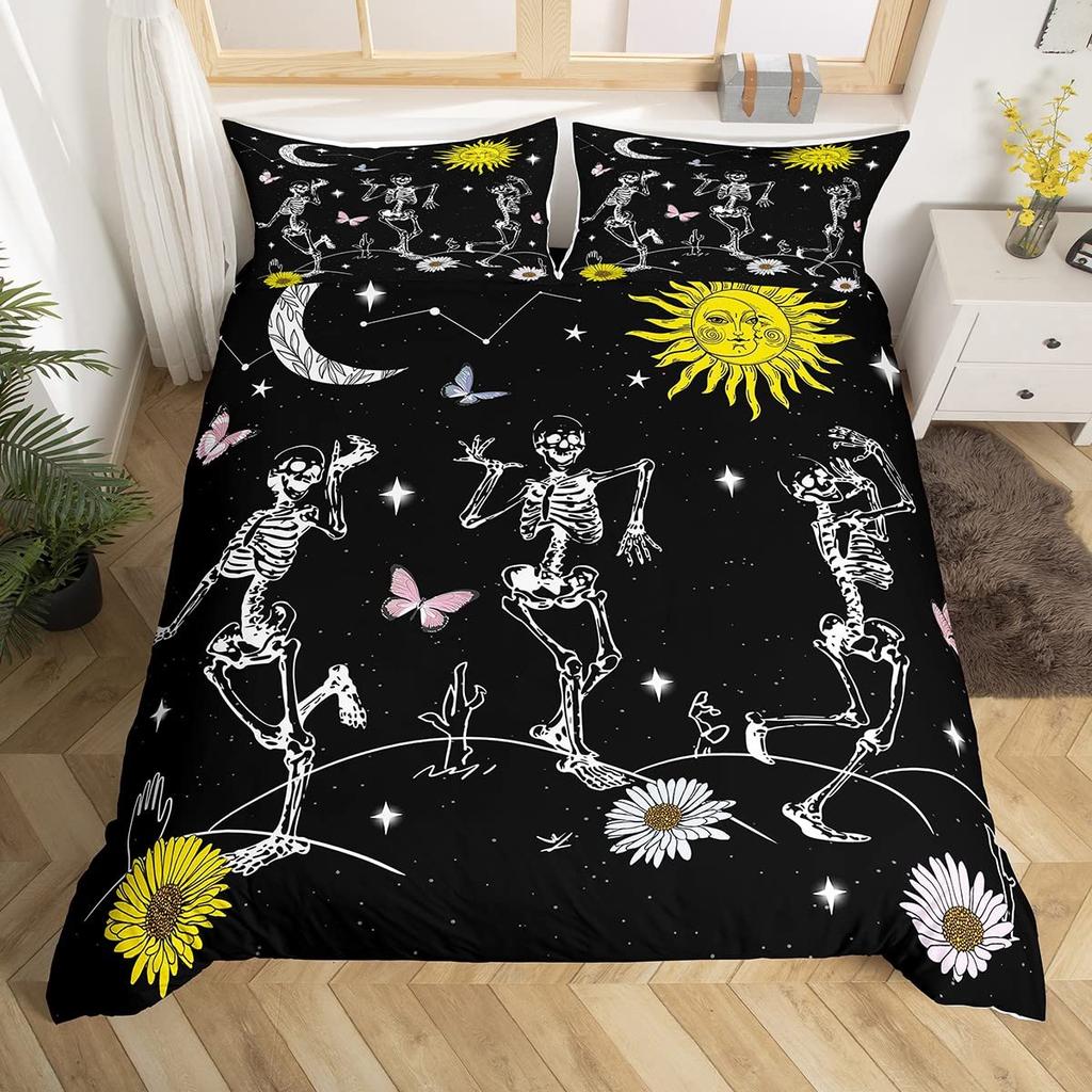 Sugar Skull King Queen Duvet Cover Funny Skeleton Halloween Bedding Set Gothic Spooky Bone Quilt Cover Polyester Comforter Cover
