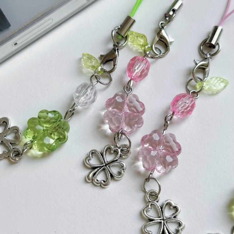 Lucky Clovers Beaded Phone Charm Versatile Lucky Clovers Phone Chain Acrylic Alloy Bead Decors for Bags & Wallets