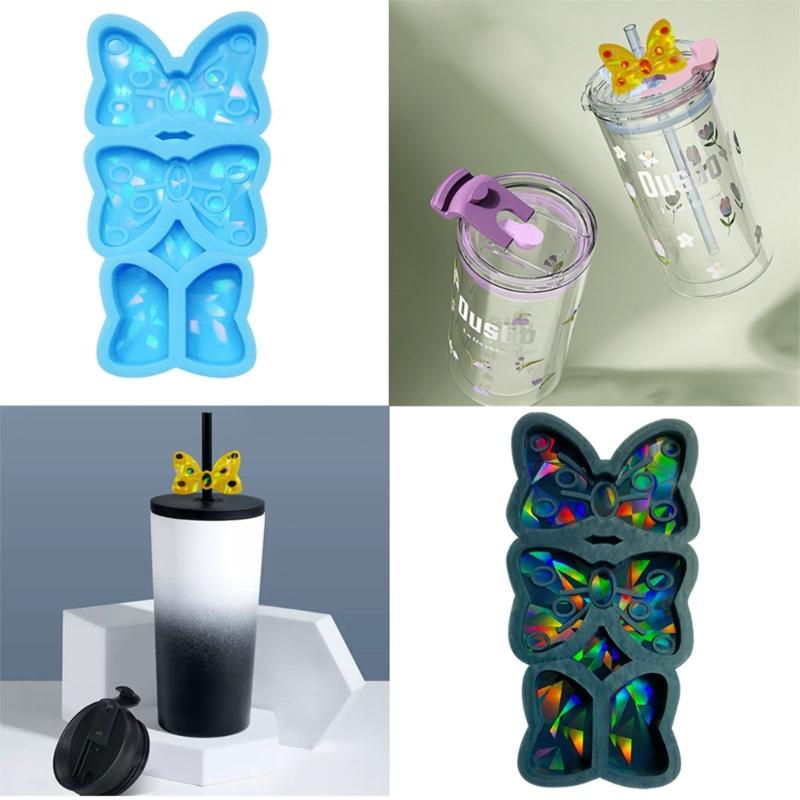 Holographic- Bowknot Straw Topper Silicone Mold Light and Shadow Bow Straw Decoration Mold for Drinks Straw Decor