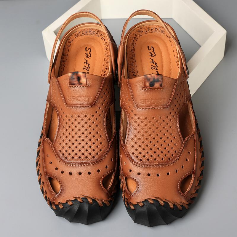 Sandales de randonnée pour hommes Sandales en cuir noir Sandales d'été d'extérieur Sandales romaines à bout large Marron Chaussures de plage Chaussures d'eau Grande taille