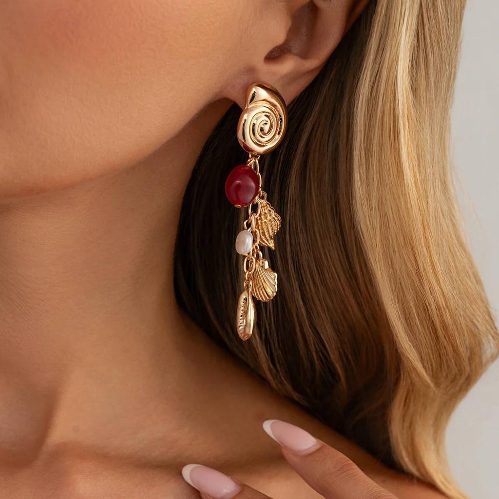 Salircon 1 Pairs Boho Metal Conch Drop Earrings Women Summer Imitation Pearl Resin Beads Tassel Piercing Ear Accessories Jewelry