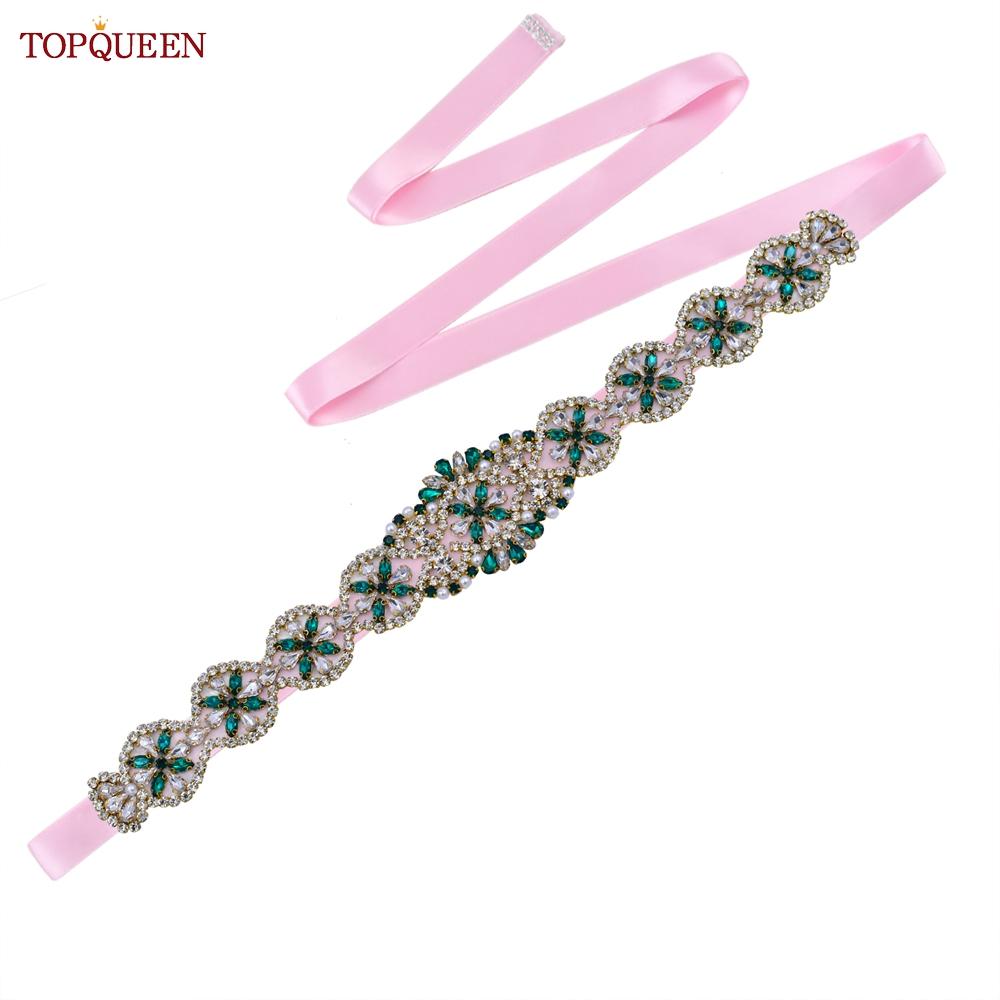 TOPQUEEN S161-KL Neuer Brautgürtel für Hochzeitskleider für Frauen in Gold, handgefertigt, Luxus-Schärpe, Zubehör für das tägliche Partykleid, grüner Strass