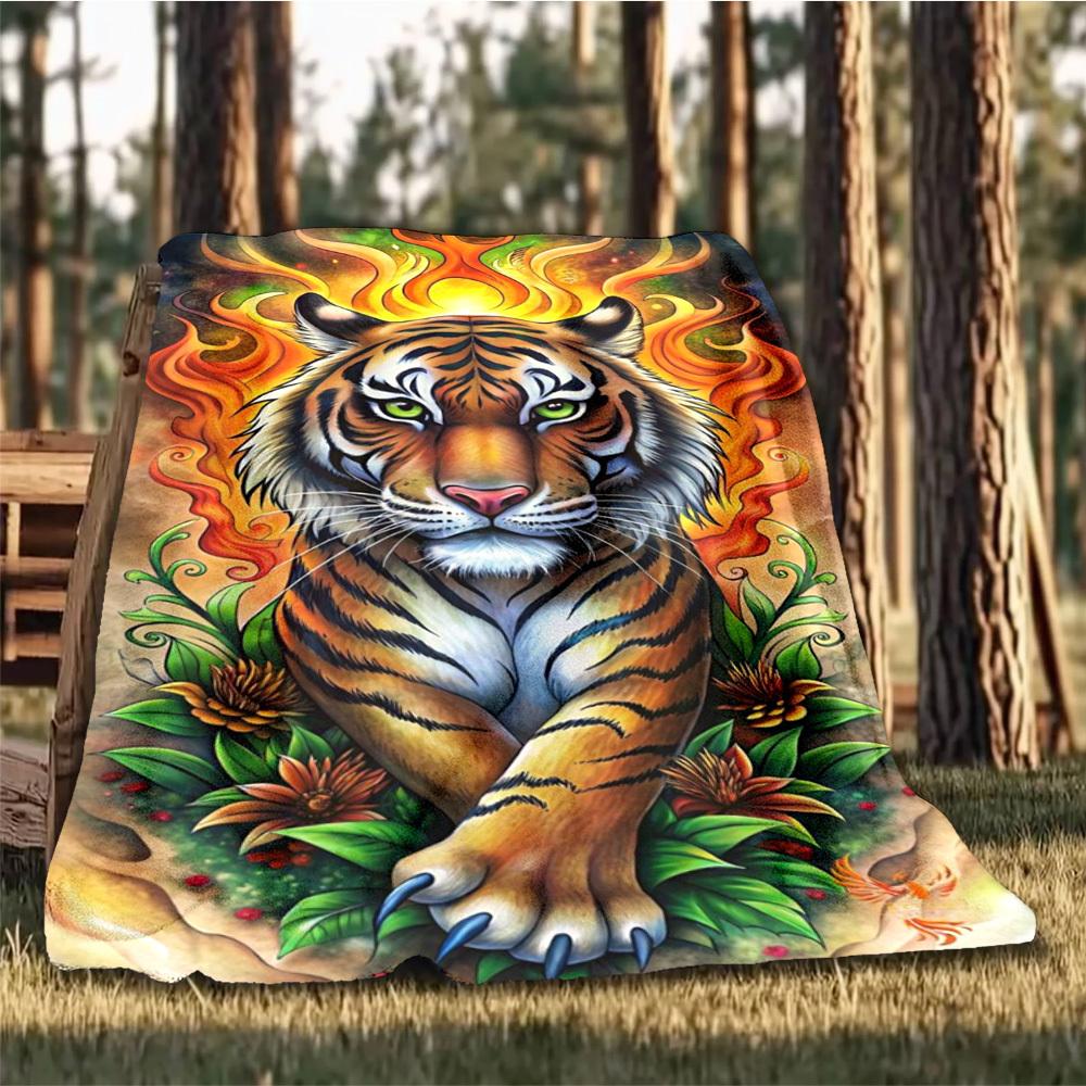1pc Tiger Flames Design Throw Blanket Polyester Fiber, Lightweight Flannel, Soft & Warm, All Season Use for Outdoor, Camping Digital Print