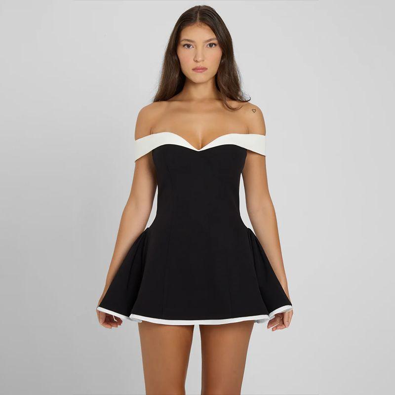

Xiaoke Wiwi Европейское и американское платье-топ-труба контрастного черного цвета Летнее нежное платье-принцесса А-силуэта Короткая юбка Black L