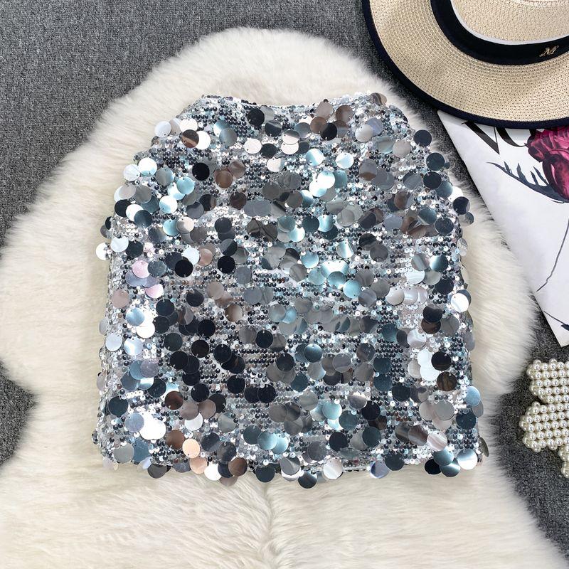 

Fashion Fancy Summer A- line Sheath Skirt Sequin Silver M
