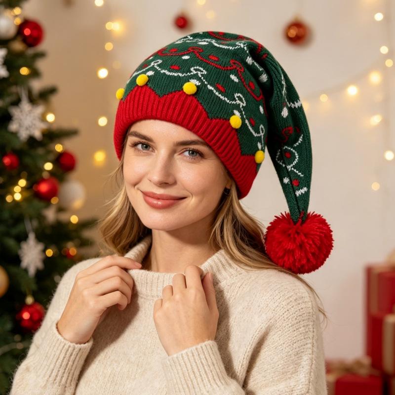 Unisex Adult Kid Christmas Jacquard Knitted Beanie Winter Warm Ear Protection Yarn Hat Family Matching Holiday Costume Pullover Hat for Christmas