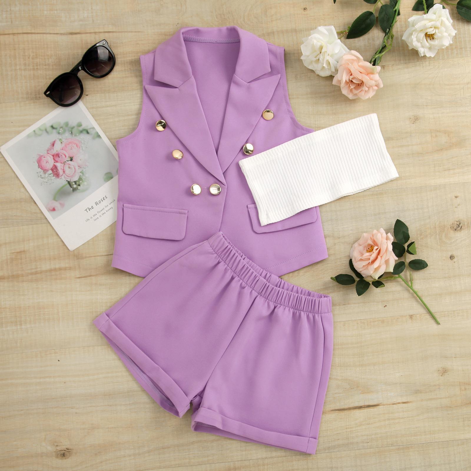 

Модный костюм для девочек, летний детский костюм, топ без рукавов, белые шорты без бретелек с манжетами, костюм из 3 предметов 130cm фиолетовый