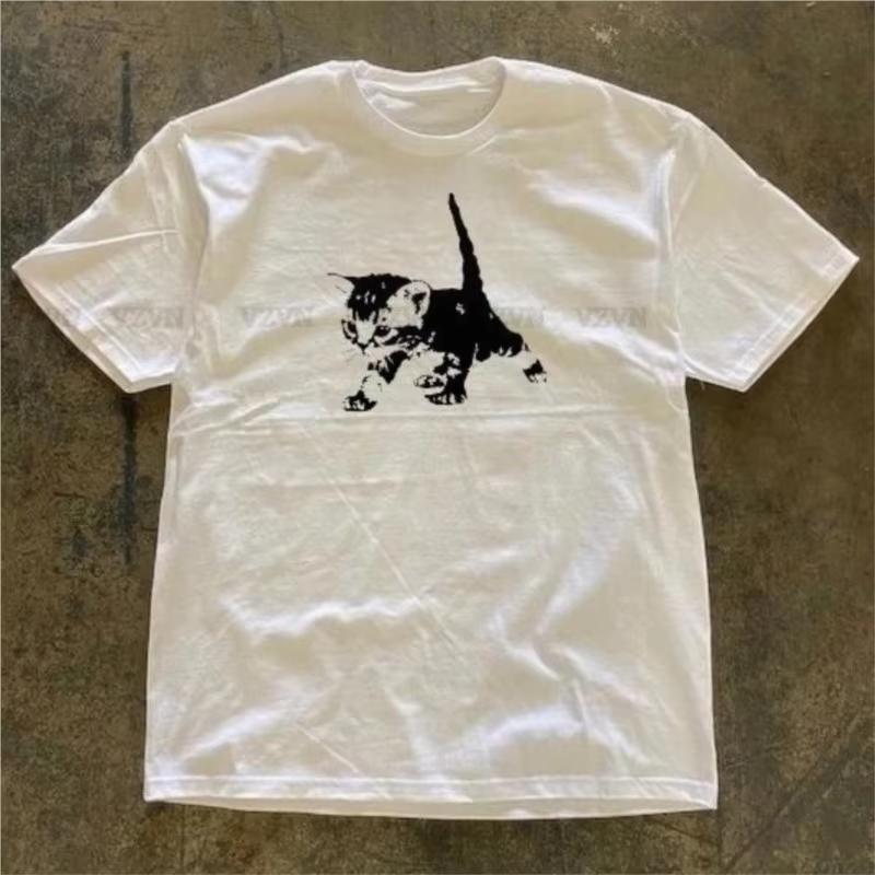 

Fun cat Print Vintage Women Casual Baby Tee Streetwear Aesthetic Short Sleeve T-Shirt Y2k Clothes Gothic Emo Girl Croped Tops S
