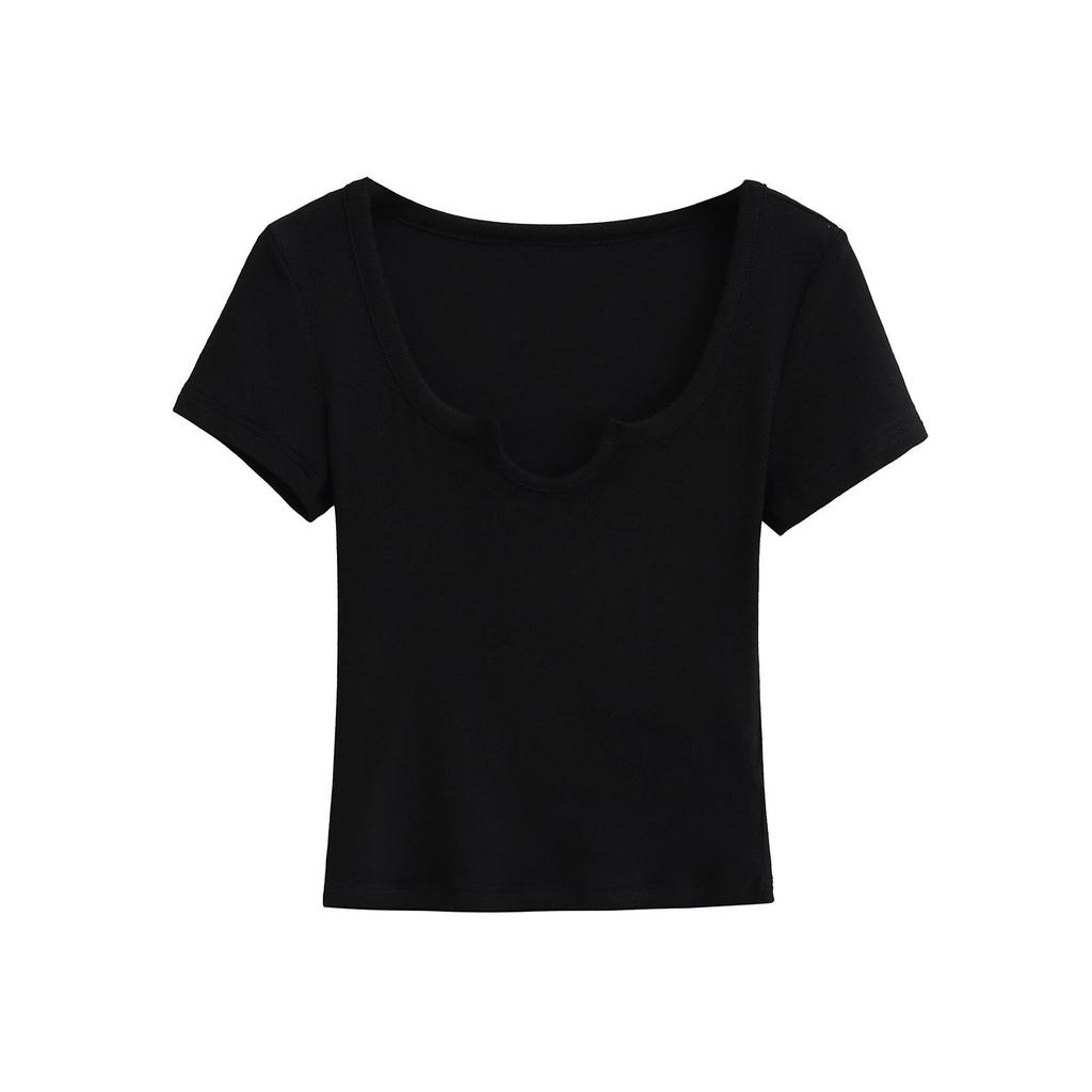 Summer 2025 European & American Style Ribbed Slim Fit U-Neck Short Sleeve Top