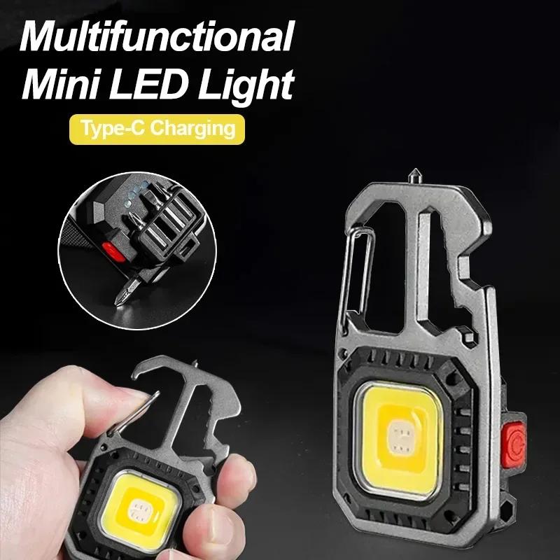 Mini Rechargeable Keychain Flashlight with COB LED Multifunctional Work Light, Bottle Opener, Window Breaker for Outdoor, Emergency, Camping