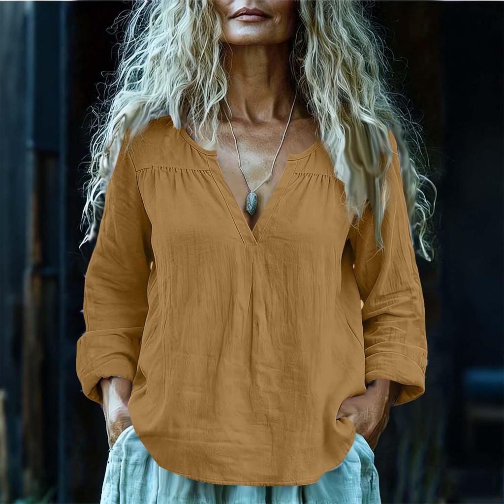 Women's Fashion Loose-Fit Long-Sleeve V-Neck Pullover Shirt Cotton-Linen Blend Top