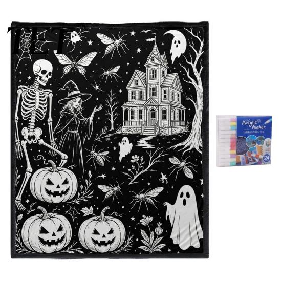 Cozy Warm Throw for Sofa Halloween DIY Coloring Blanket with 24 Markers, Washable Blanket, Color Art Therapy Relaxation Your Own Spooky Pattern