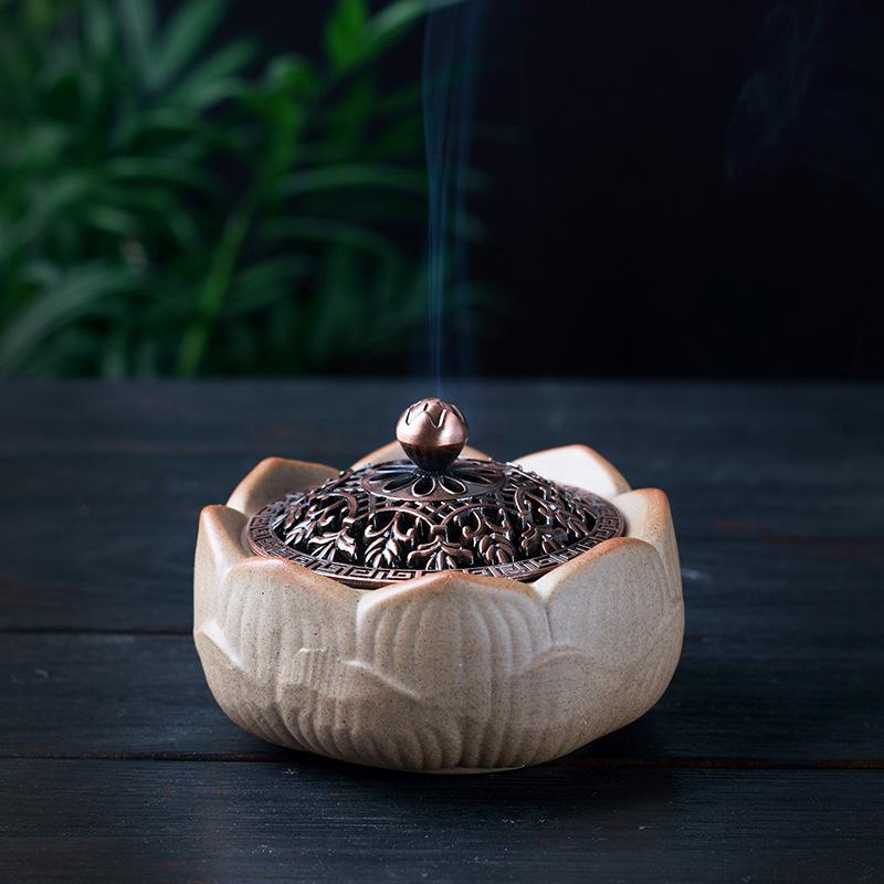 Keramisk Rökelsebrännare Tehusdekor Emaljmålad Lotusmönster Täckt Rökelsekärl Ding för Meditation Zen