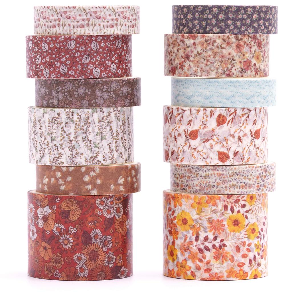 Songdao Floral Masking Tape Blooming Garden Washi Tape for DIY Crafts 12-Roll Set, Design, Women, Packaging, (Autumn Twilight)