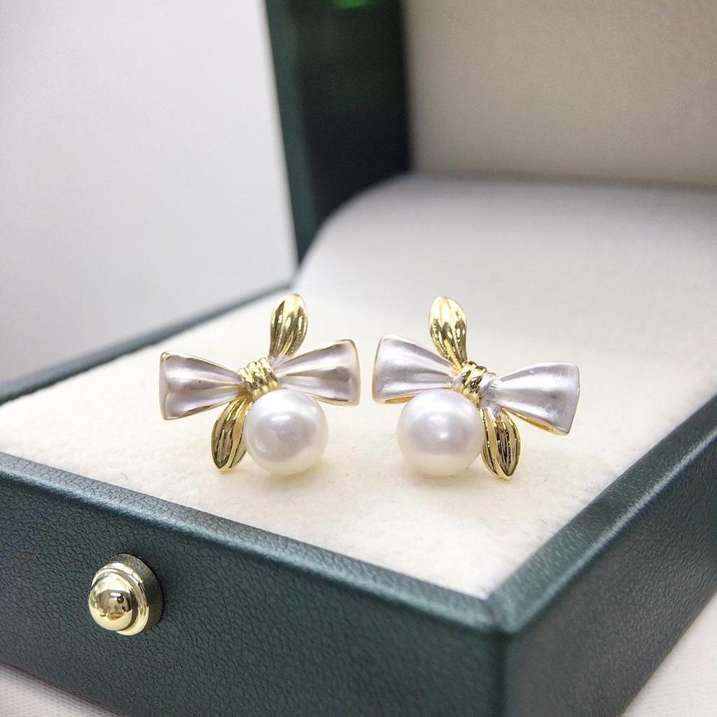 Bowknot Baked Paint Color Block Freshwater Pearl Stud Earrings