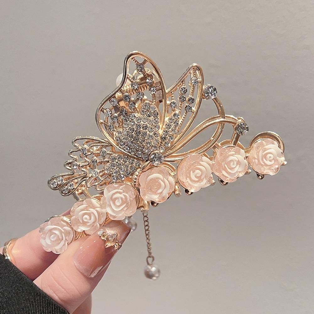 Elegant Retro Butterfly Rose Hair Claw Clip Rhinestone Frosted Flower Detail Tassel Pearl Pendant Women s Stylish Hair Accessory