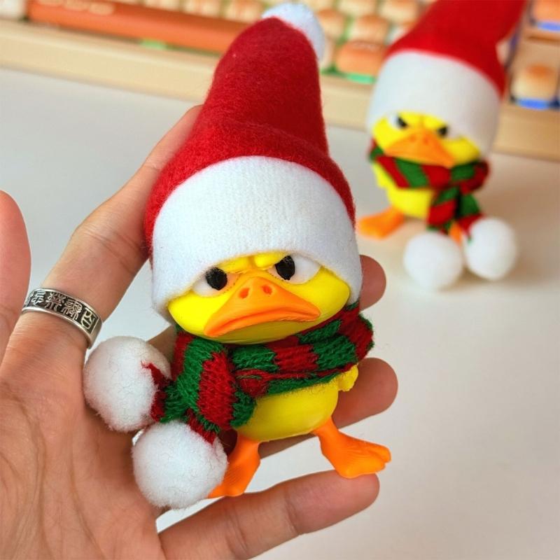 3D-Printed Christmas Duck Figurines, Funny Angry Yellow Duck Deccorations with Red, White, and Green Trim for Desks, Shelves, Entryways, and Cabinets