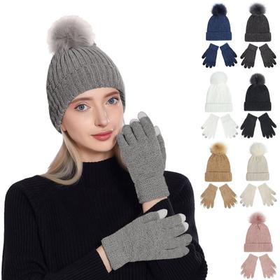 Strickmütze, Damen Chenille Wollmütze, Handschuh Set, Verdickte Warme Wollbommelmütze