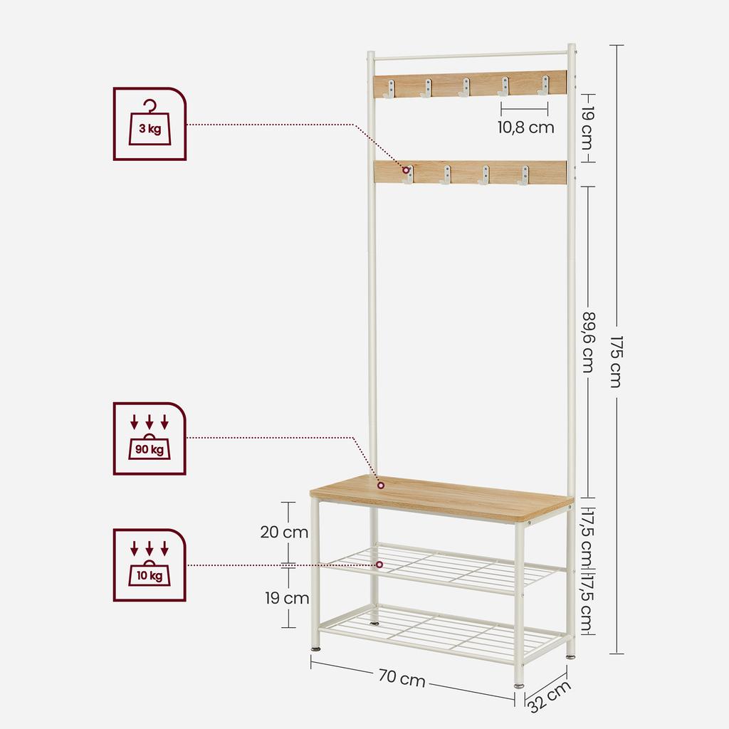 VASAGLE Coat Rack, Coat Stand with Shoe Storage Bench, Hall Tree with Shoe Rack, 3-in-1 Design, Steel Frame, for Hallway, Entrance, 32 x 70 x 175 cm