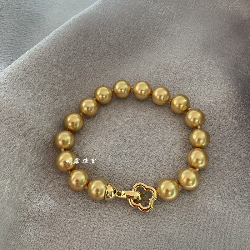 Nanyang Mother Shell Pearl Thick Gold Tea Gold Perfect Circle Strong Light Bracelet Fashion Style Classic Luxury To Give Mom for Girlfriend