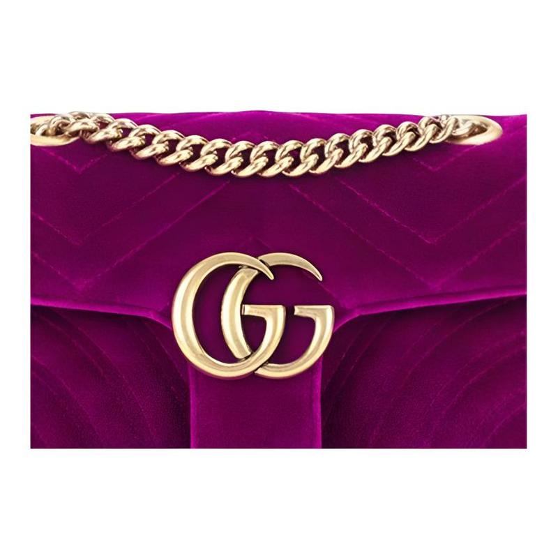 Gucci GG Marmont Marmont Gold Label Logo Trapuntato Catena Velluto Borsa a Tracolla Borsa a Spalla Donna Viola Scuro